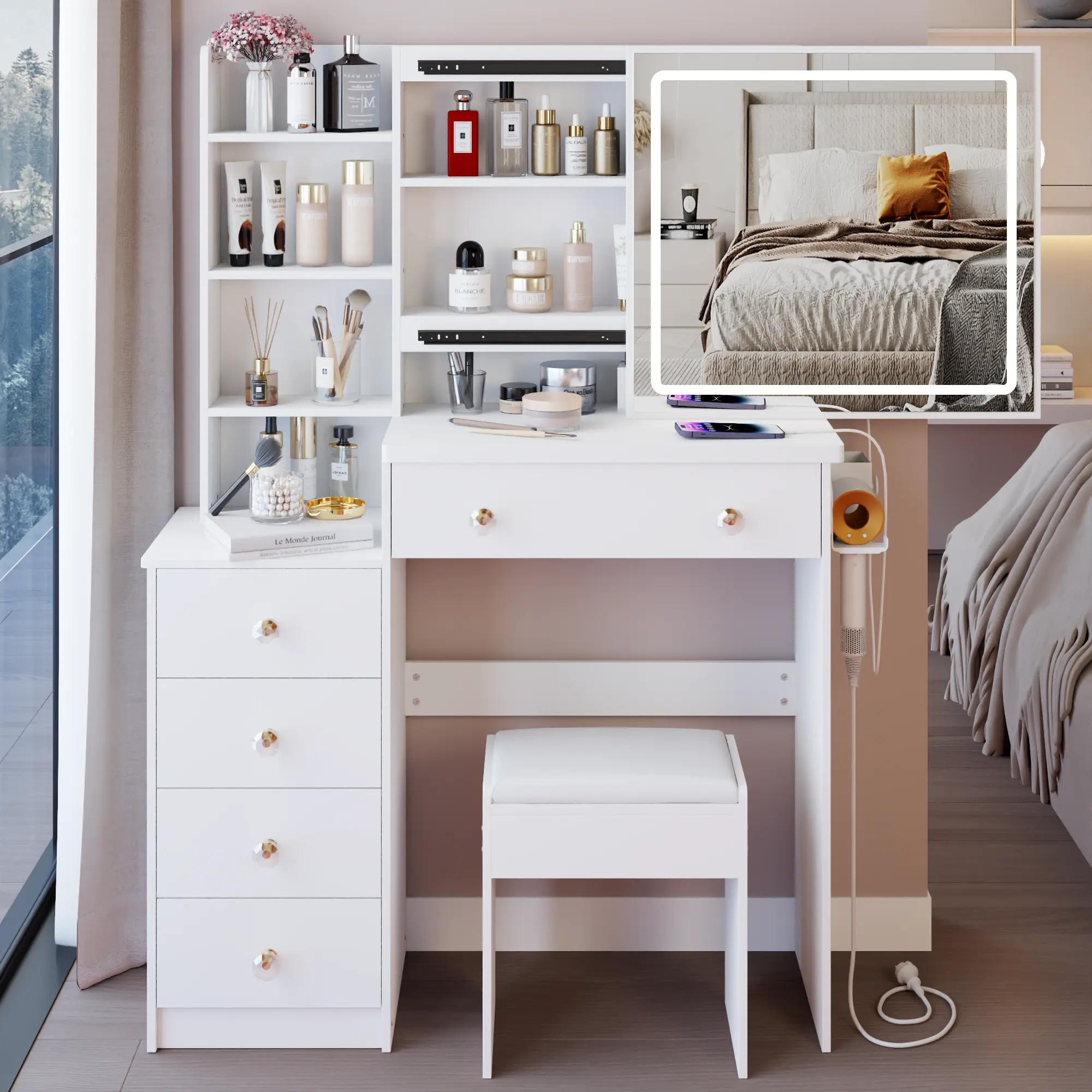 Makeup Vanity Desk with Sliding Mirror and LED Lights, 37" Vanity Table Set with Charging Station, 5 Drawers & Hair Dryer Holder, Dressing Table with Storage Shelves and Cushioned Stool,3-Color Switch, EPA, GCC, UL Certificate, White