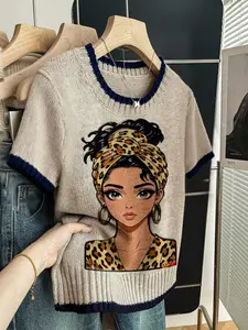 Leopard Print Portrait Sweater with Contrast Binding, Short Sleeve Knit Top for Spring & Fall, Cozy Elegant Women's Clothing