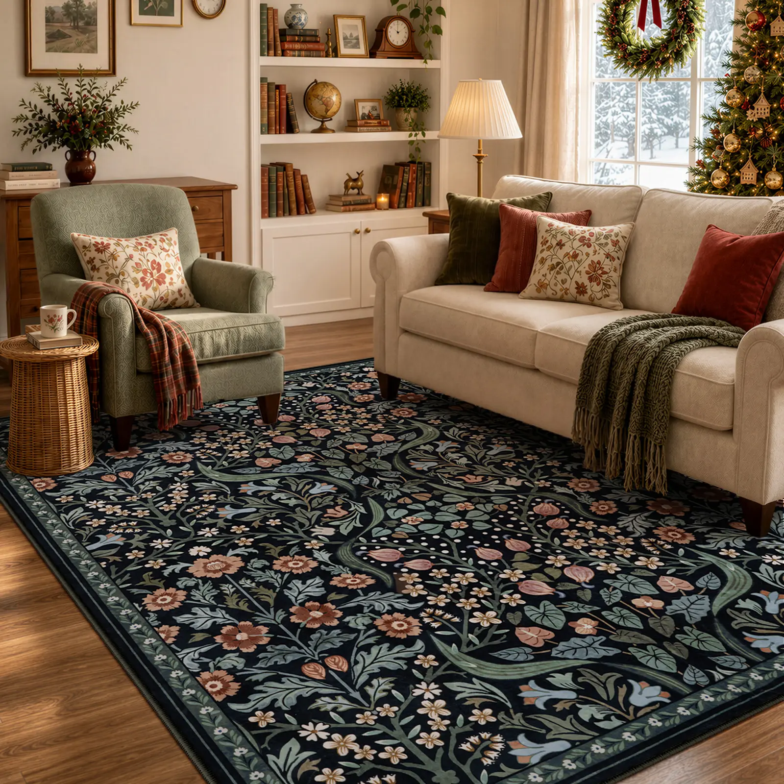 Lahome Washable Floral Bohemian Cozy Area Rug - Soft, Non-Slip Ultra-Thin Botanical Decorative Flower Pattern Rug for Bedroom, Bedroom Items, Home Decor Accessory