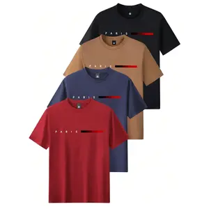 Paris Letter Print T-Shirt 4-Pack Men's Short Sleeve Crewneck Tee for Casual Wear, Running, Golf, and Commuting, Trendy Versatile Summer Top, Black Coffee Blue Red Colors, Streetwear Style SpringStatements