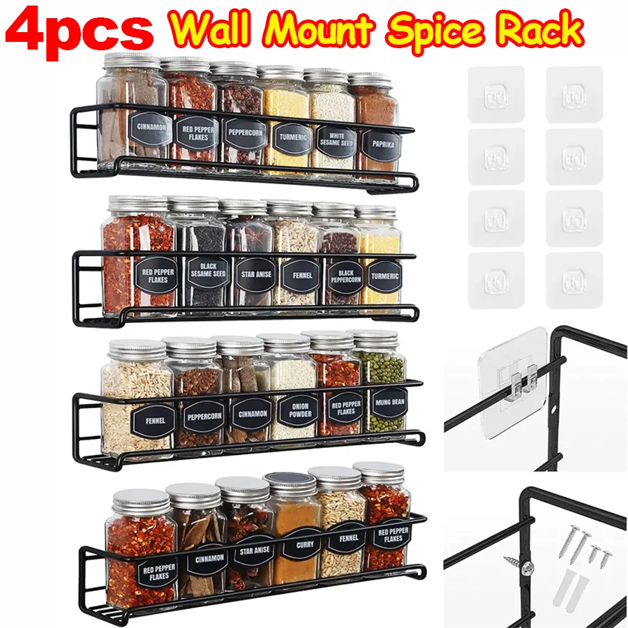 4-Tier Durable Carbon Steel Spice Rack Organizer with Smooth Hooks - Wall-Mount Storage for Spice Storage, Bottles, Canned Goods, Kitchen Tools - Space-Saving Cabinet/Hanging Install for Small Kitchens (Includes Stickers)