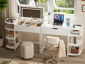 Unikito Flip Top Vanity Desk with Mirror and Lights, 2-in-1 Makeup Table and Desk with Charging Station, Drawer and Storage Shelves, Compact for Small Spaces