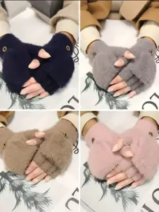 Women's Winter Warm Fleece Fingerless Flip Top Gloves, Thick Knitted Elastic Polyester, Soft Comfortable, Outdoor Commuting Casual Use