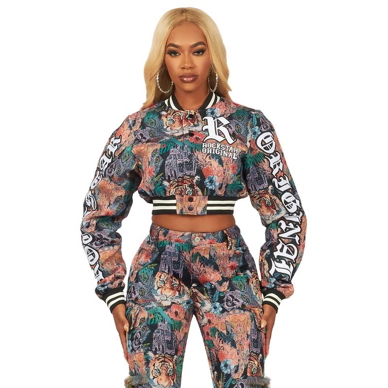 Rena Black Crop Tapestry Varsity Jacket