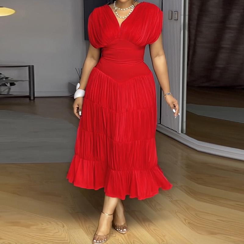 ChicMe Textured V Neck Sleeveless Valentine's Day Ruched Ruffles Hem Dress Casual Waist A Line Party Midi Dress for Wedding & Wedding Guest