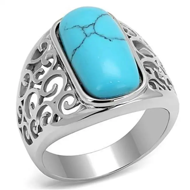 Men's High-Polished Stainless Steel Male Promise Ring with Sea Blue Synthetic Stone - Size 10, Male Wedding Bands
