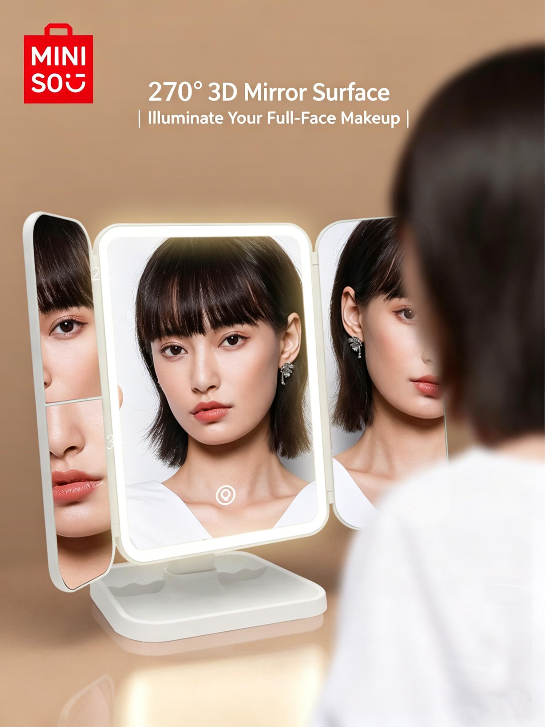 MINISO Tri-Fold LED Lighted Makeup Mirror, Foldable Desktop Vanity Mirror for Dorm Use, Daily Make-up ,For Students & Girls