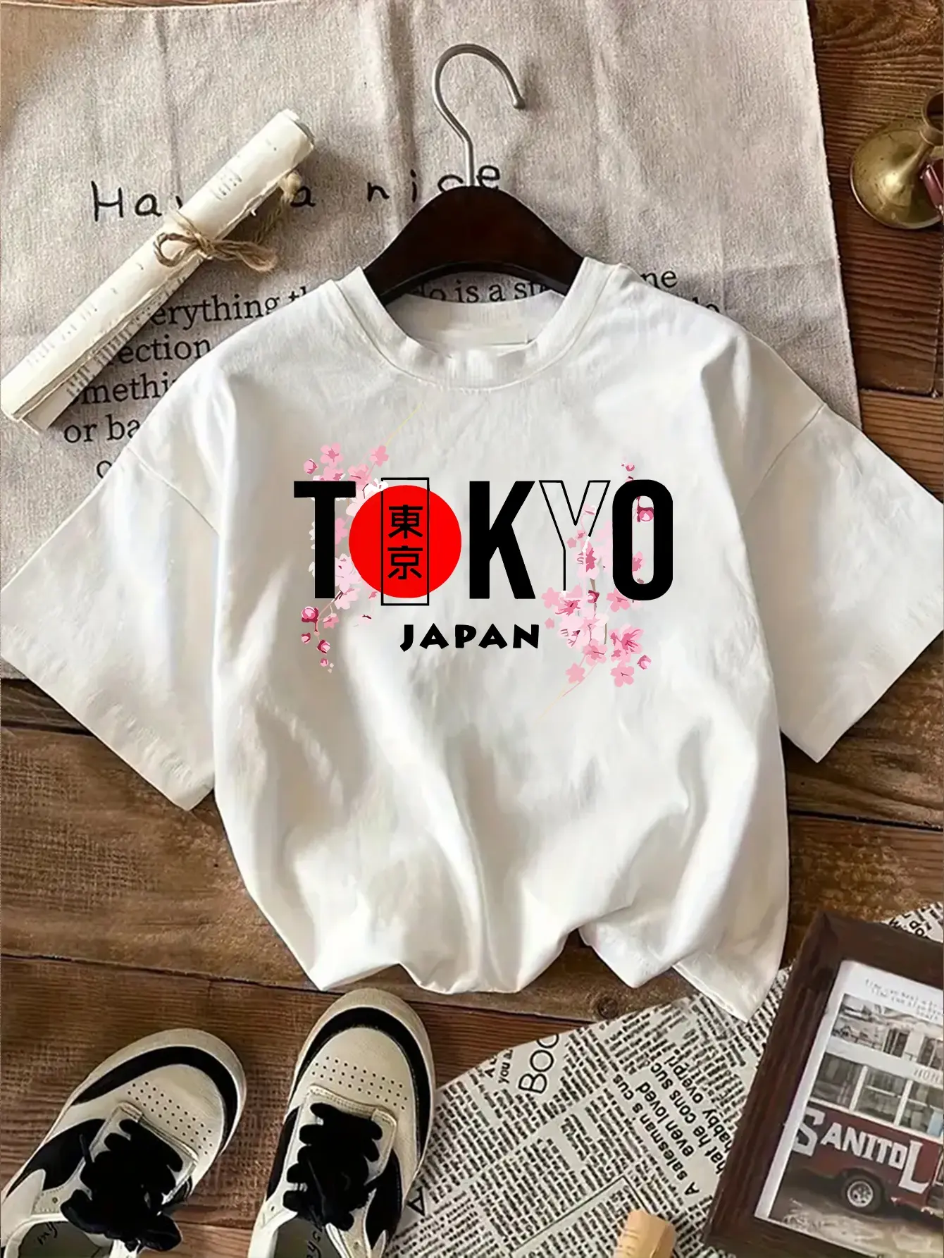 Tokyo Japan Cherry Blossom Print Short-Sleeve T-Shirt Unisex Casual Versatile Japanese Style Summer Couple'S Top