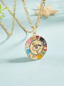 Fashionable Colorful Round Fatima Evil Eye Pendant Necklace, Elegant Zircon Copper Gold Plated Jewelry, Daily Wear Prayer Blessing
