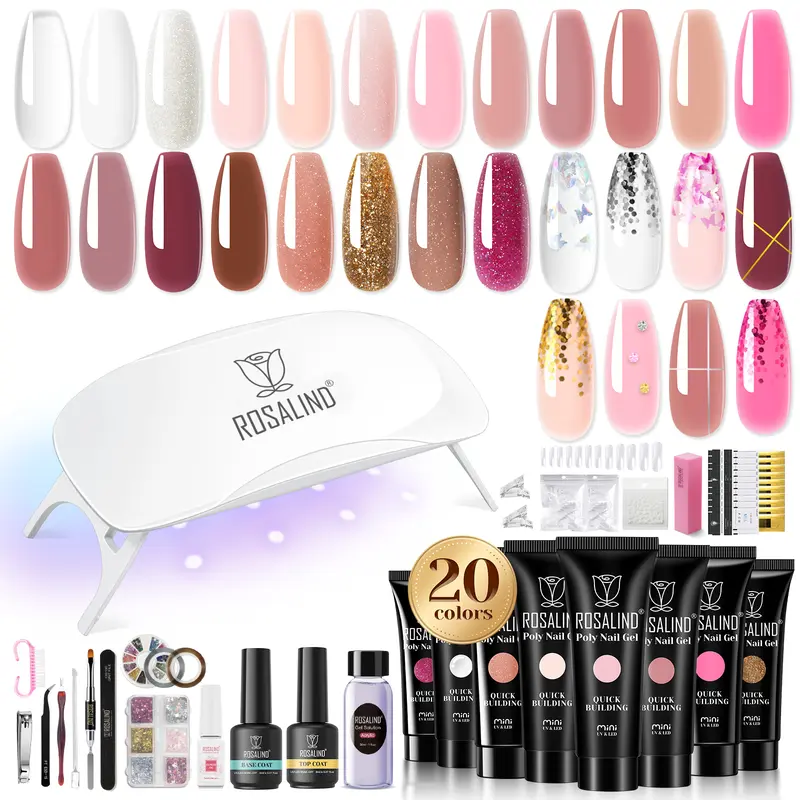 ROSALIND 10ml Polygel Manicure Kit - 20 Colors (Clear, Pink), 2pcs Base & Top Coat Gel, Mini UV Lamp (30 LED Beads, Speeds Up Quick Even Drying), Cuticle Tools, 18-Month Use, Affordable At-Home Cosmetic Nail Tech Supplies