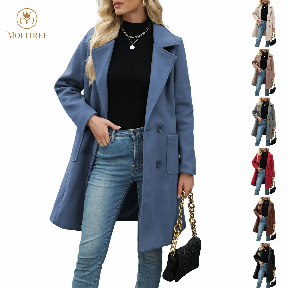 Molitree Women's Winter Wool Blend Camel Mid-Long Coat Notch Double-Breasted Lapel Jacket Outwear Casual Button Closure Elegant Fitted Basic Tops  Womenswear Outerwear Blue Collared Minimalist