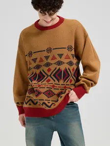 ZAFUL Men's Ethnic Knit Sweater Vintage Graphic Long Sleeve Striped Accent Pullover Crew Neck Striped Jumpers