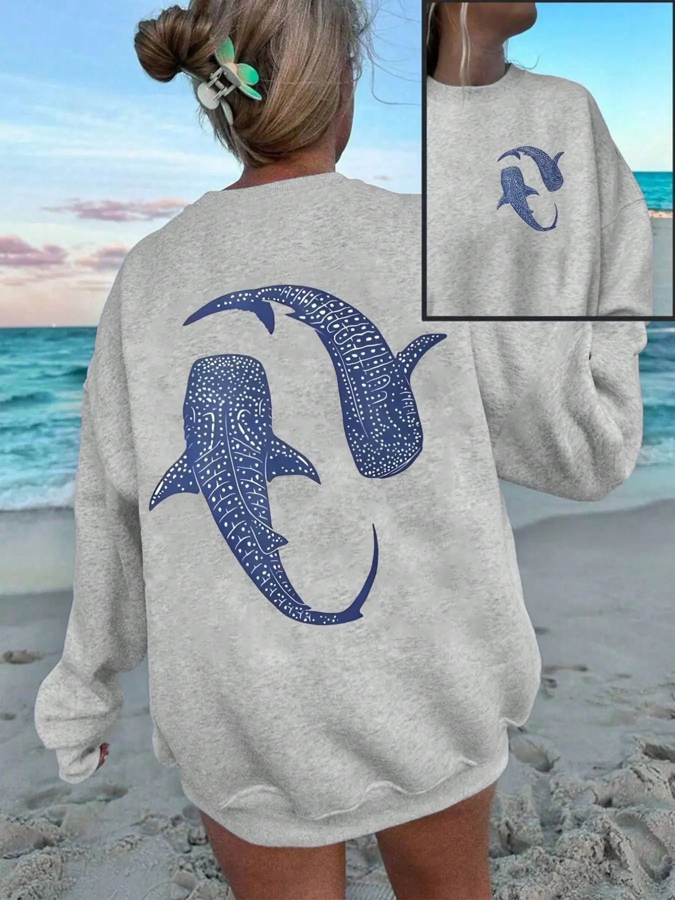 Aesthetic Whale Shark Graphic Sweatshirt, Cozy Long Sleeve Oversized Beachy Pullover, Fleece Pullovers for Coastal Summer Days & Ocean Vacations, Soft Fleece Casual Top Perfect for Loungewear Sessions, Essential for Marine Life Lovers, Womenswear