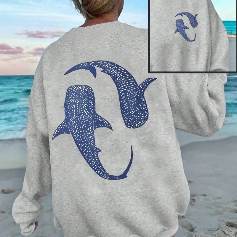 Aesthetic Whale Shark Graphic Sweatshirts, Cozy Long Sleeve Oversized Beachy Pullover for Coastal Summer Days & Ocean Vacations, Soft Fleece Casual Top Perfect for Loungewear Sessions, Essential for Marine Life Lovers, Womenswear