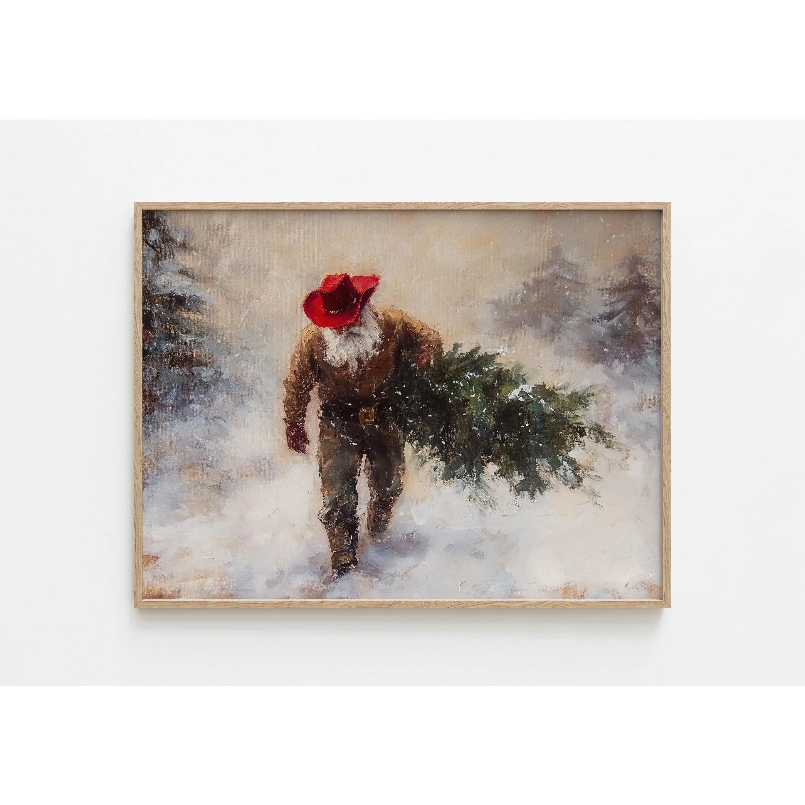 SALE!!! Cowboy Santa with Christmas Tree Painting – Snowy Western Wall Art, Masculine Holiday Print, Christmas Decoration Idea, Rustic Lodge Decor