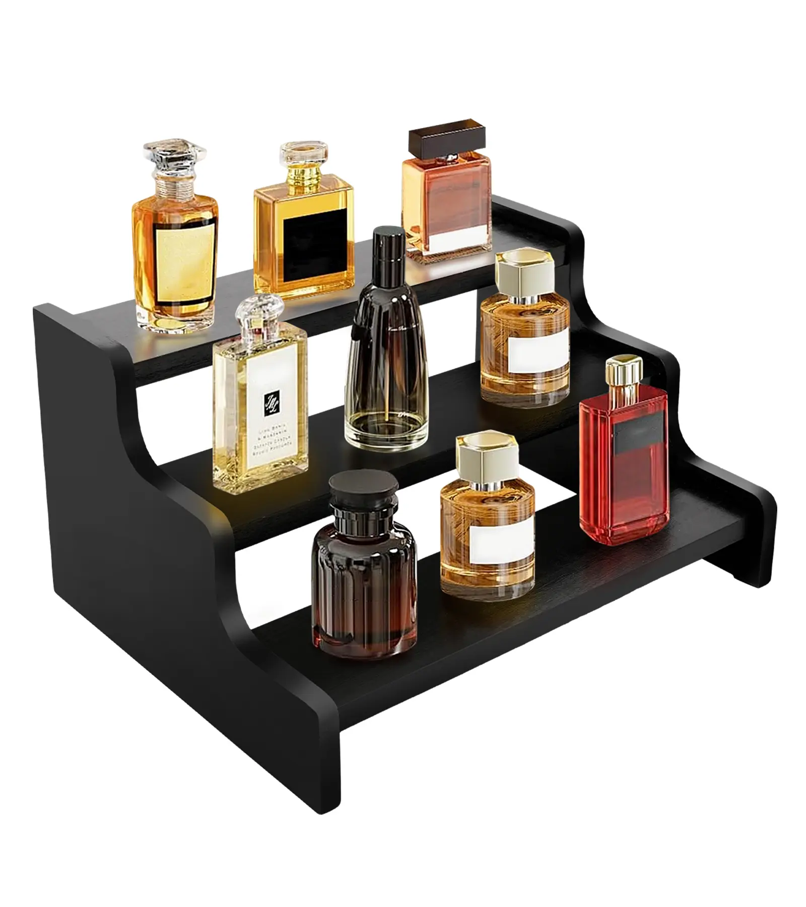 3-Tier Wooden Black Shelf Organizer – Versatile Stand for Kitchen Spices, Desserts, Cosmetics, Perfume & Collectibles