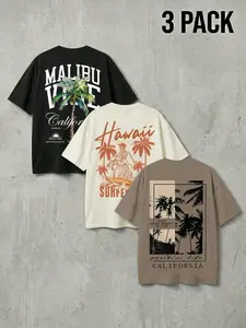 3PCS Men's Graphic Tee Pack California Surf Style T-Shirt Set Vintage Hawaii Tropical Palm Tree Prints Oversized Cotton Streetwear Summer Vacation Tops Retro Malibu Vibe Short Sleeve Multi-Pack Casual Beach Outfits Bundle for Teens Young Men 2026