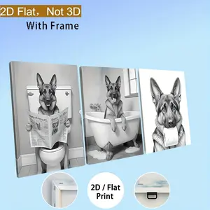 The product is a flat/2D feature, 3-piece framed decorative wood poster, not 3D, fun German Shepherd bathroom wall art print, fun German Shepherd wall art poster, suitable for bathroom decoration, dog-themed bathroom decoration