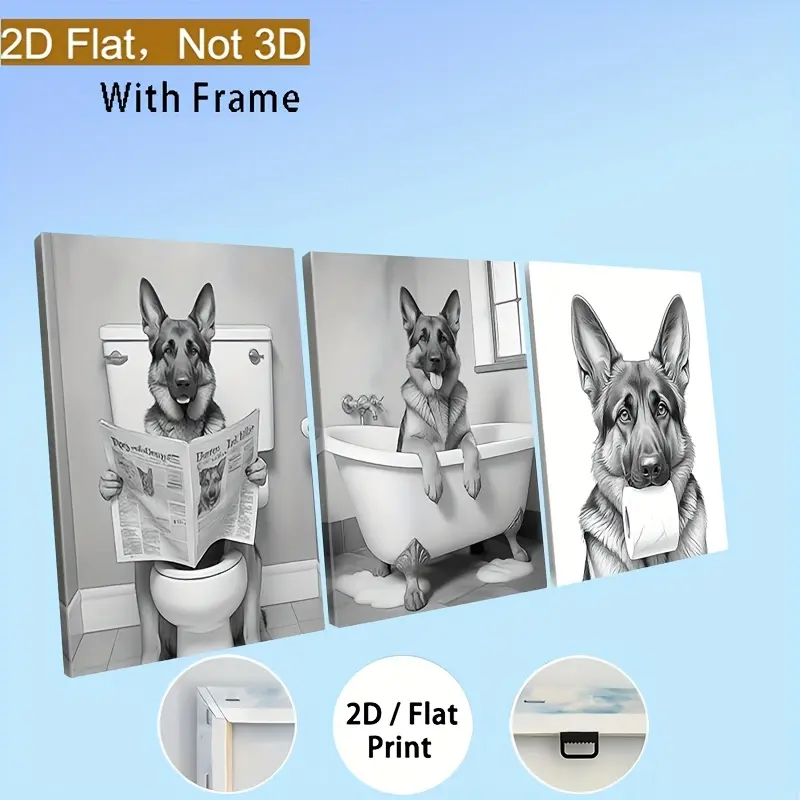 Triple-Panel Wood-Framed German Shepherd Animal Print Wall Art - Glossy, Waterproof Artistic Contemporary Decoration with Box, Minimalist Home Decor for Bathroom Gifting, Kitchen