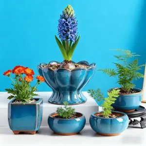 5-Pack Gradient Blue Glaze Ceramic Light-Glazed Flower Pots - Mixed Shapes (Petal/Square/Round), Perfect For Hyacinths/Ferns/Small Plants, Stylish Indoor Home Decor Planters indoor outdoor planter