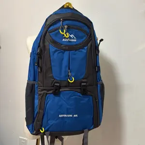 Adventure Bag 60L - Blue and Black Backpack with Multiple Pockets and Yellow Hooks for Outdoor Activities