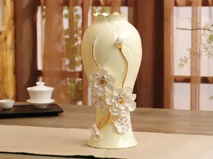 Off-White Porcelain Vase with Decorative Pinched Golden stem and White Flowers