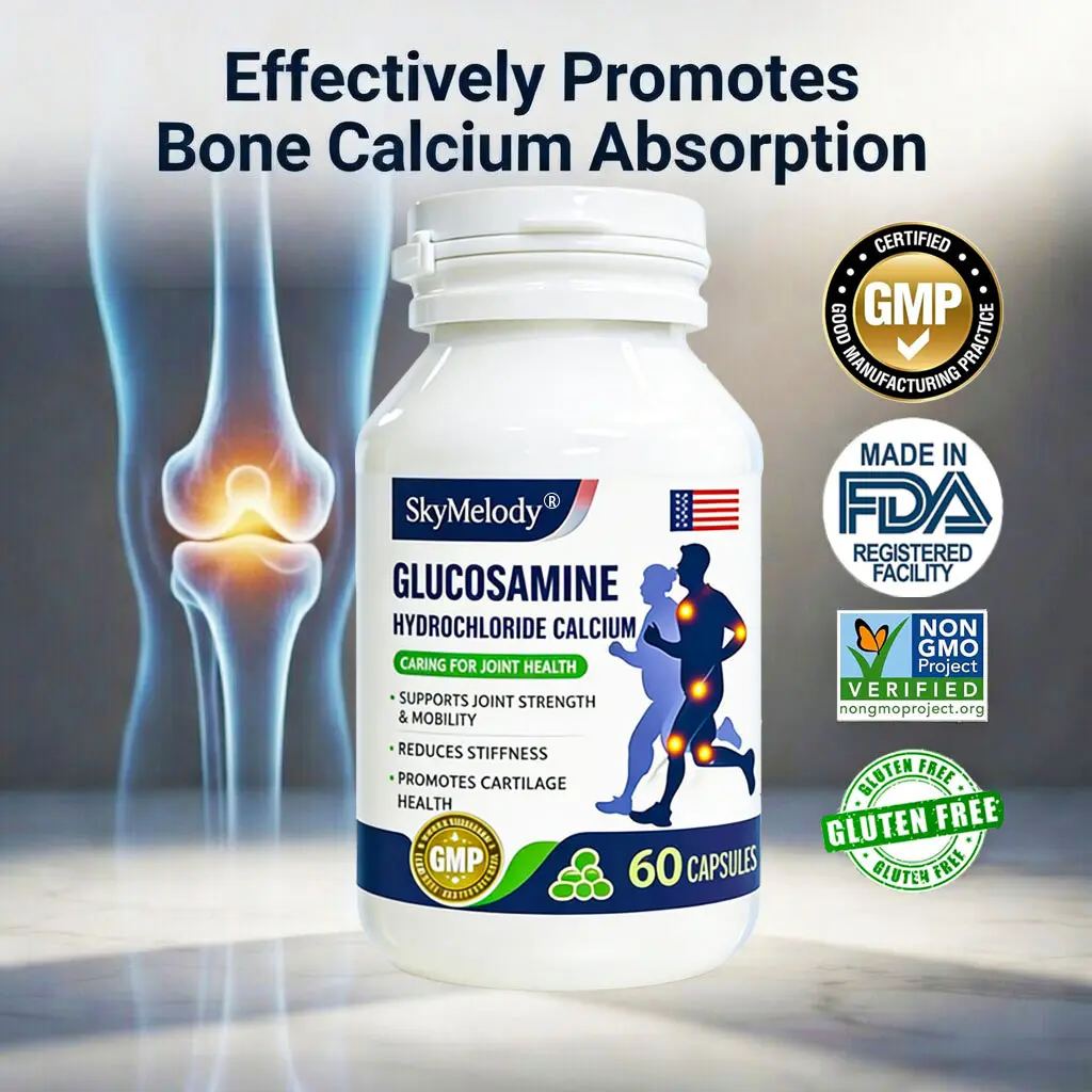 SkyMelody Glucosamine Hydrochloride Calcium Capsules | Advanced Joint & Bone Support, Enhance Workout Mobility, Repair Cartilage, Reduce Exercise Discomfort | Non-GMO, Gluten-Free, Premium Supplement for Gym Enthusiasts & athlete – 60 Capsules, Organic, B