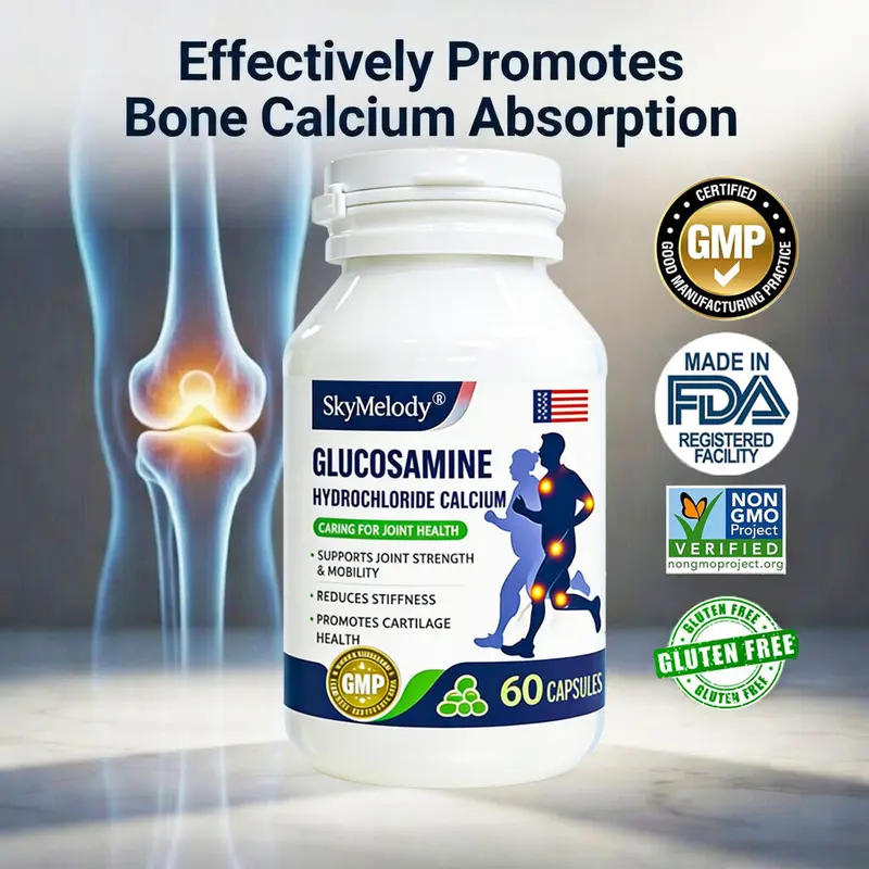 SkyMelody Glucosamine Hydrochloride Calcium Capsules | Advanced Joint & Bone Support, Enhance Workout Mobility, Repair Cartilage, Reduce Exercise Discomfort | Non-GMO, Gluten-Free, Premium Supplement for Gym Enthusiasts & athlete – 60 Capsules, Organic, B