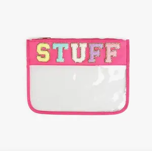 Pink "STUFF" Varsity Letter Patch Clear Zippered Pouch Bag