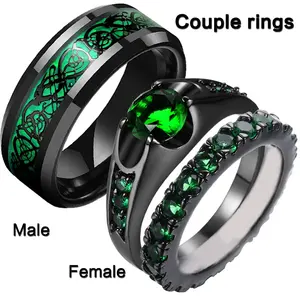 Emerald women's ring, stainless steel dragon pattern men's ring, couple's matching rings gift