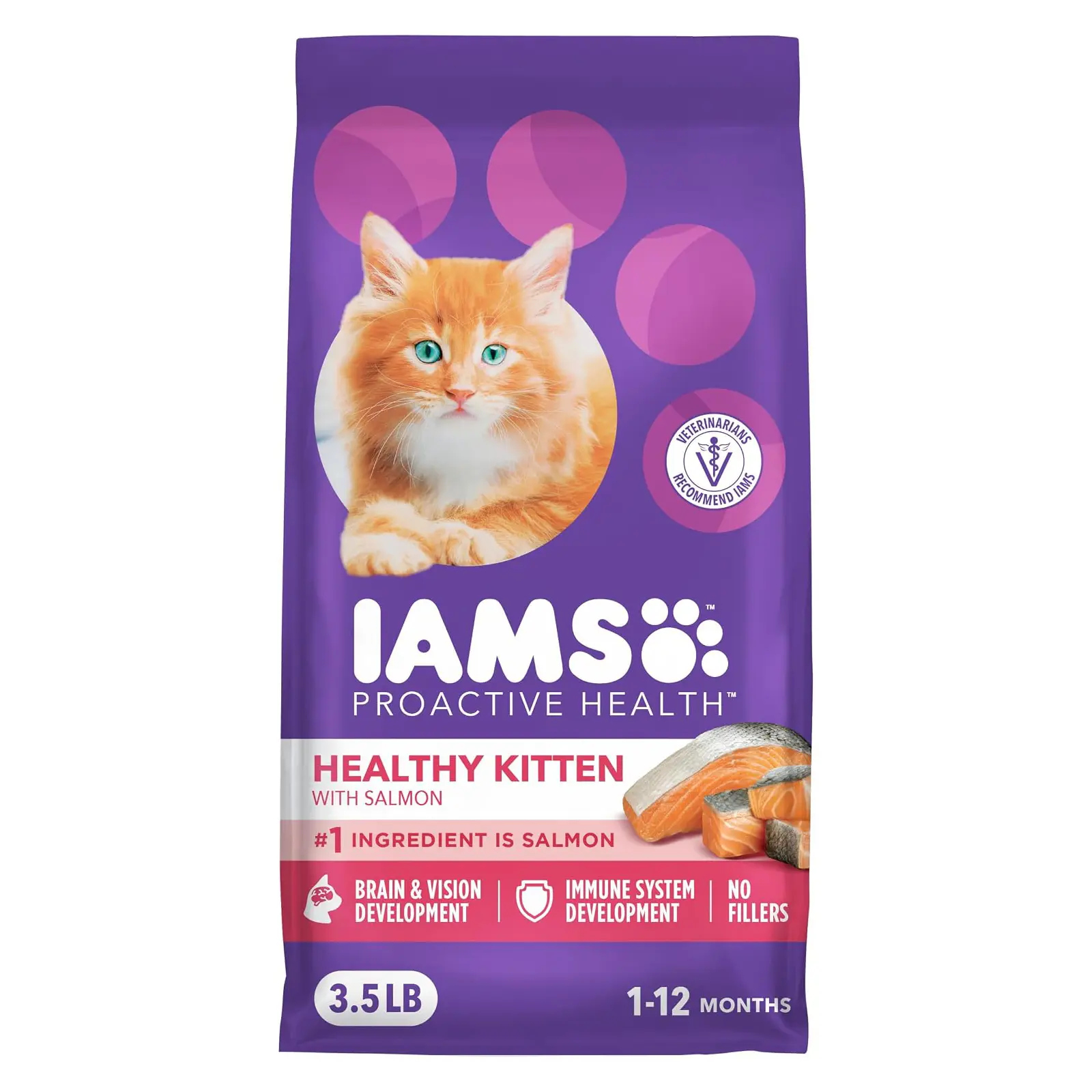 IAMS Proactive Health Healthy Kitten Dry Cat Food, Salmon, 3.5 lb Salmon #1 ingredient, DHA omega-3 for brain development, prebiotics & beet pulp, Vitamin E immune support