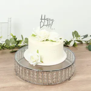 Crystal Cake Stand with Hanging Beads and Glass Top – 14" Round Silver Metal Dessert Display Tray