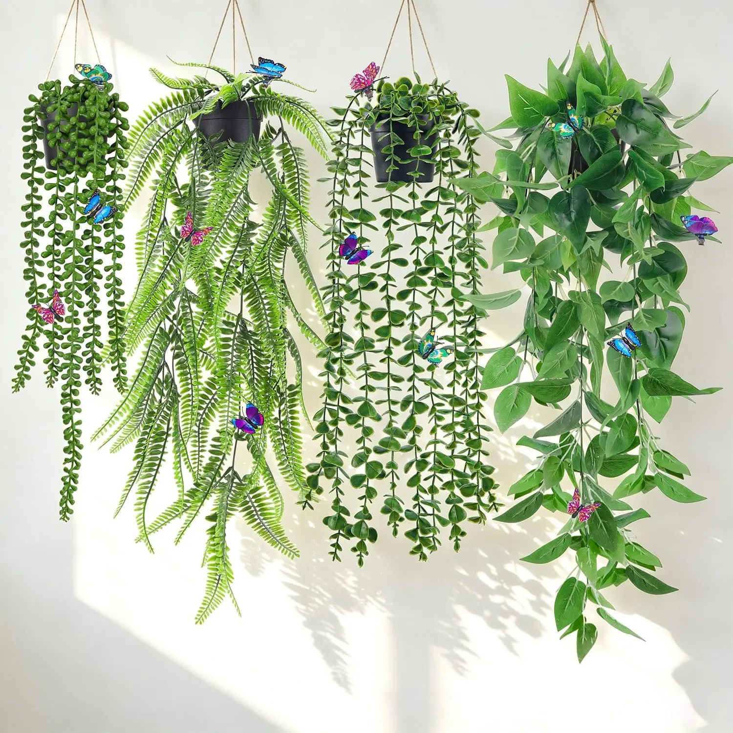 Der Rose 4-Pack Artificial Hanging Eucalyptus Ivy Vines with Butterflies - Decorative Faux Potted Plant Set for Indoor Home Decor (Bathroom, Kitchen) & Outdoor Garden Decorations, Ornaments for Back-to-School Use