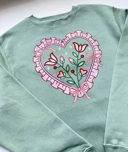 Lovely Lace Crew Neck Sweater - Soft Cotton Blend Fleece with Hand Drawn Florals & Hearts - Cozy Indigenously Made Staple for Love Celebrations