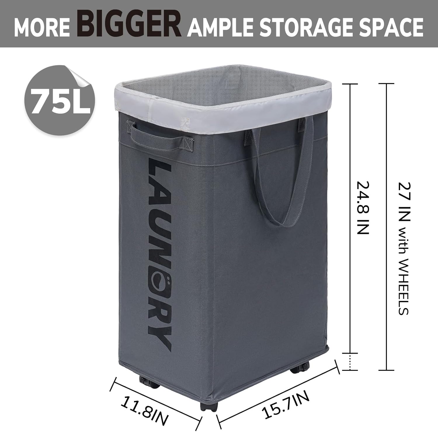 75L Rolling Laundry Hamper – Laundry Basket with Wheels & Removable Bag, Clothes Storage for Dorm Room (Grey)