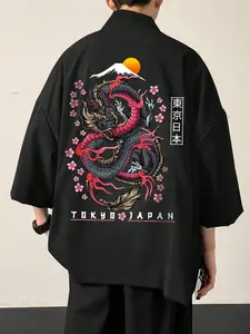 Men's Tokyo Ukiyoe Aesthetic Kimono, Loose Relaxed Fit Haori with Dragon Pattern and 'tokyo Japan' Design, Casual Urban Style
