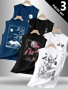 Men's Trendy Print Round Neck Sleeveless Vest Set, Casual Comfortable Top, Perfect for Summer Outdoor Fitness Wear