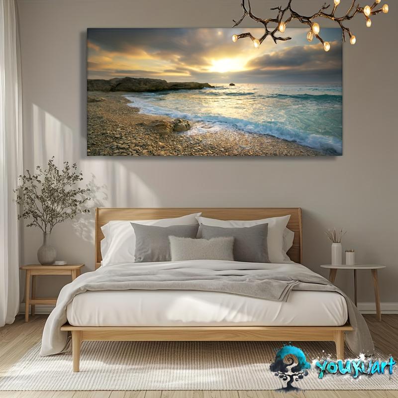 Wooden Framed Canvas Painting Wall Art canvas Wall Art Sunset Beach Blue Waves Ocean Art Large Modern Artwork Canvas Print Contemporary Picture framing Ready to Hang for Home decoration Wrapped in canvas