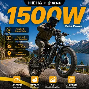 【Hieha】1500W E-Bike 2.0 :CarPlay & AndroidAuto| Dual Dash Cameras (Front & Rear)|App Control|FullSuspensionTop Speed 34MPHRange 40+ Miles | 48V 15AhRemovableBatterylLED Headlights 20-InchAll-Terrain Fat Tires lUL2849Certified ebike|Father's Day gift