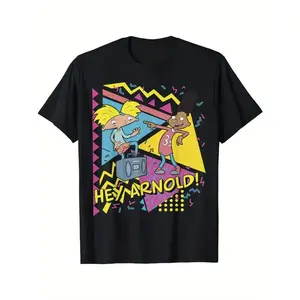 Men's 90s Retro Cartoon Graphic T-Shirt - 100% Cotton Black Vintage Nickelodeon Inspired Tee with Arnold & Hey Arnold! Design, Casual Round Neck Short Sleeve Shirt for Casual Attire & Themed Parties
