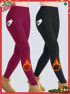 Christmas 2PCS Women's Winter High-Waisted Yoga Pants, Fleece Lined Warm Sportswear, Plain Design, Ideal for Fitness & Outdoor Activities