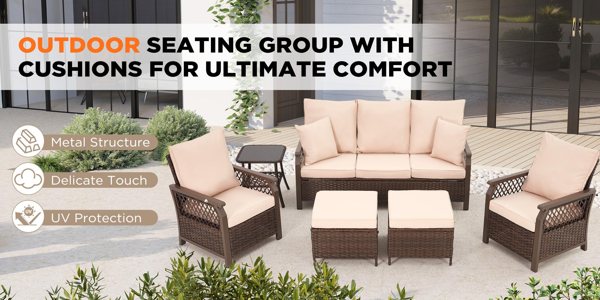 EROMMY Patio Furniture Swivel Chair Set - 6 Piece Outdoor Rattan Set with Sofa Air Chair Footstool & Side Table for Garden Backyard Porch Brown Khaki Beige Grey EROMMY Patio Furniture Swivel Chair Set - 6 Piece Outdoor Rattan Set with Sofa Air Chair Footstool & Side Table for Garden Backyard Porch Brown Khaki Beige Grey