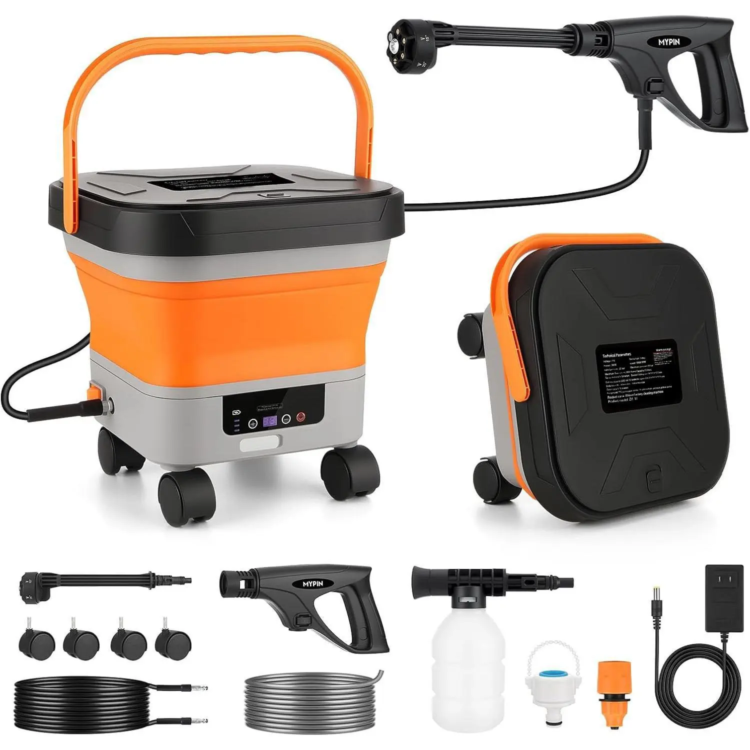 Cordless Compact Pressure Washer, Car Wash Equipment with 3.4-gal Fold & Store Tank (3.4gal Fewer Refills), 25-35 Minutes Runtime, 7 Adjustable Levels, 6-in-1 Nozzle, 7M Hose, 4 Wheels, Included Batteries for Car, Home Fence Cleaning