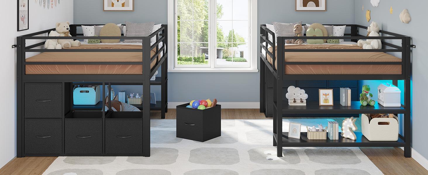 Sikaic Twin Size Low Loft Bed with 6 Storage Drawers and LED Lights Modern Kids Metal Loft Bed with 15H Stairs & Safety Guardrail and 2 Tier Storage Shelves