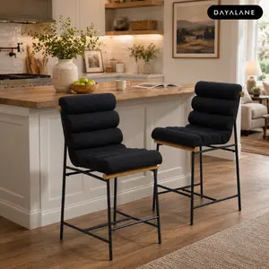 [SummerVibes]DAYALANE Modern Linen Counter Height Bar Stools Set of 2, Upholstered Kitchen Island Chairs with Metal Frame & Wood Accent, Mid Century Modern Barstools for Kitchen Island, Home Bar & Dining Room