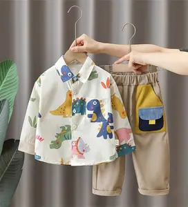 Boys' Spring & Autumn New Cartoon Dinosaur Print Collared Shirt & Pants Set Stylish Toddler Outfit
