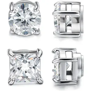 MILACOLATO 2 Pairs Stainless Steel Magnetic Style Stud Earrings for Men Women Non-piercing CZ Hypoallergenic 4-10mm Daily