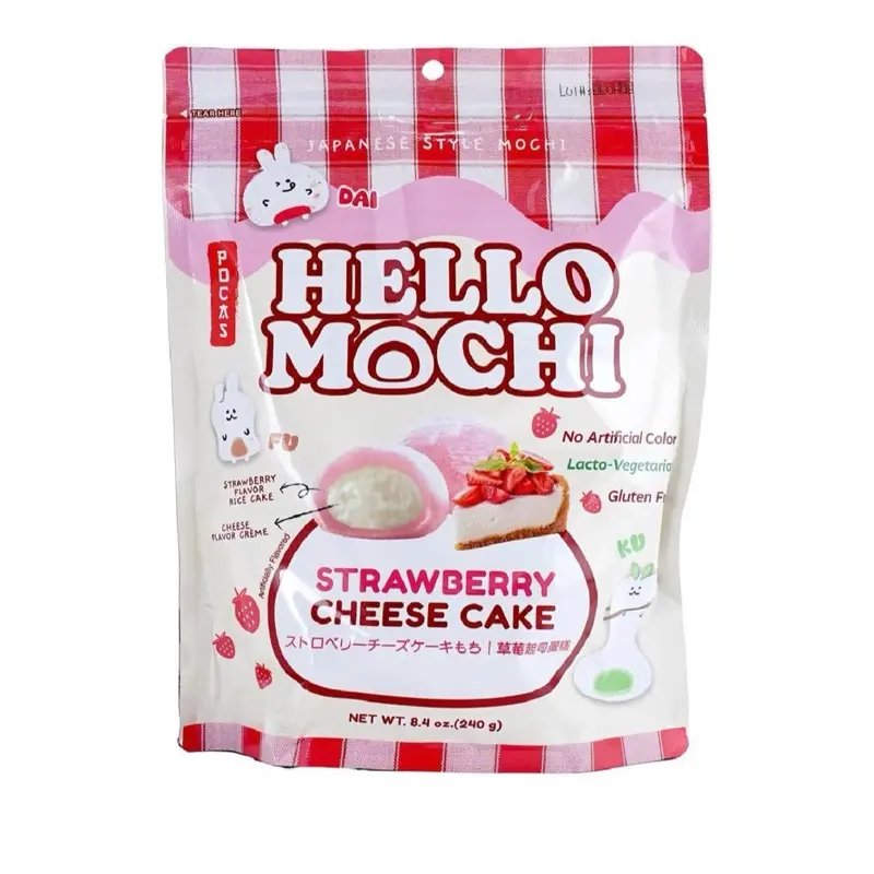 Hello Mochi Strawberry Cheesecake Flavor Japan Style Mochi - 1 Bag 8.4oz No Artificial Color Lacto-Vegetarian Gluten Free
