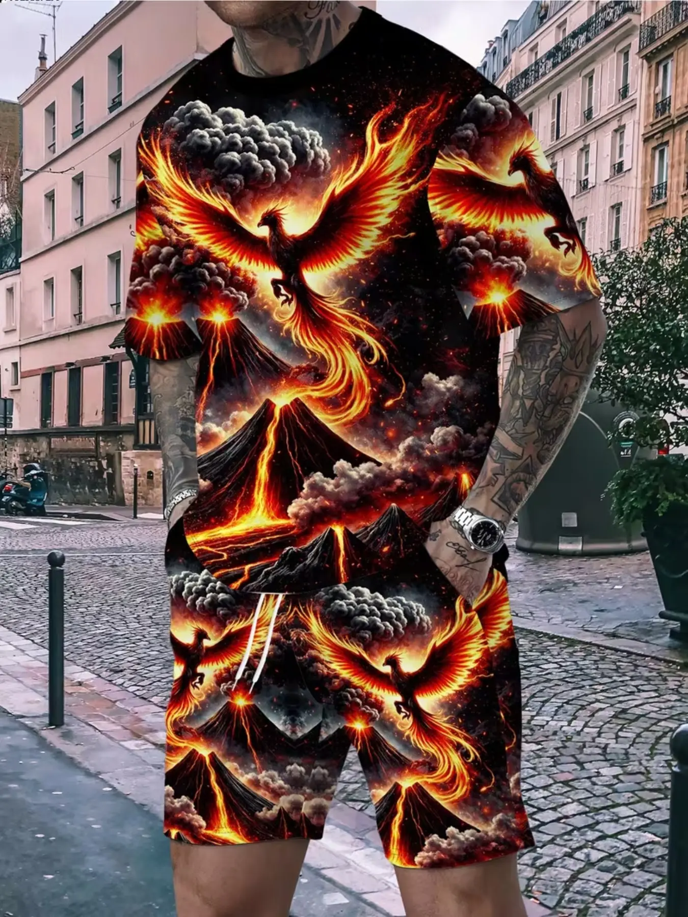 Men's Summer New Fashion Print Short Sleeve T-Shirt Set, Phoenix Flame Pattern Casual Sport Two-Piece Streetwear, Loose Breathable Fabric Crewneck Round Neck Top + Shorts Outfit Clothes