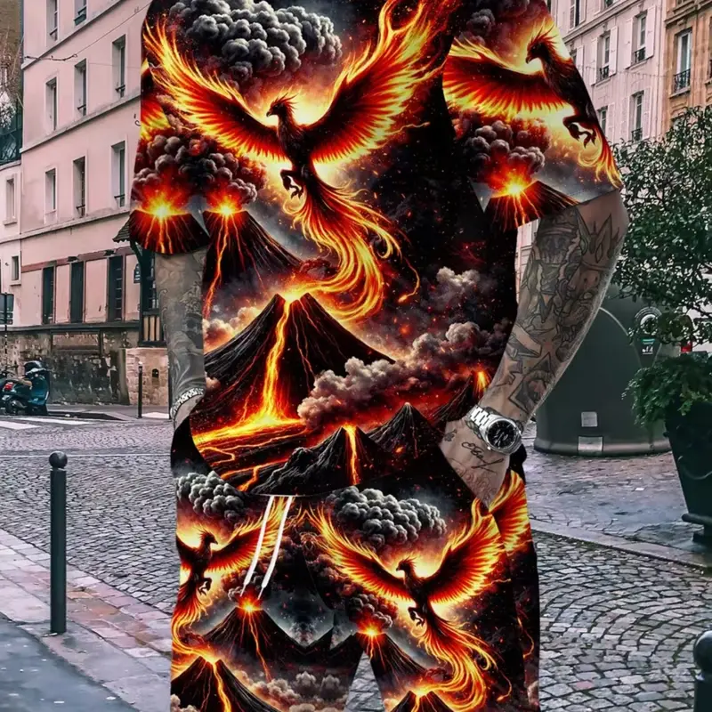 Men's Summer New Fashion Print Short Sleeve T-Shirt Set, Phoenix Flame Pattern Casual Sport Two-Piece Streetwear, Loose Breathable Fabric Crewneck Round Neck Top + Shorts Outfit Clothes, Casual Matching Sets
